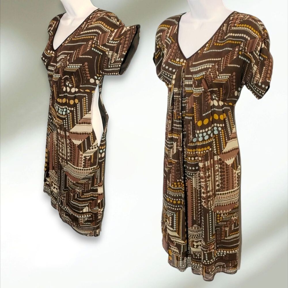 j.jill 100% Silk Dress Womens 8P Petites Medium Brown Midi Short Sleeve - Picture 6 of 10